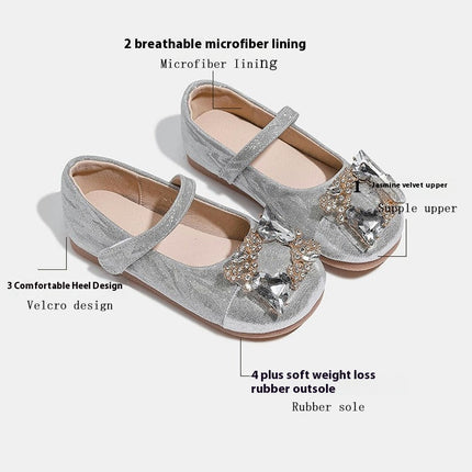 Girls Vintage Rhinestone Studded Wedding Party Flat Faux Leather Princess Shoes