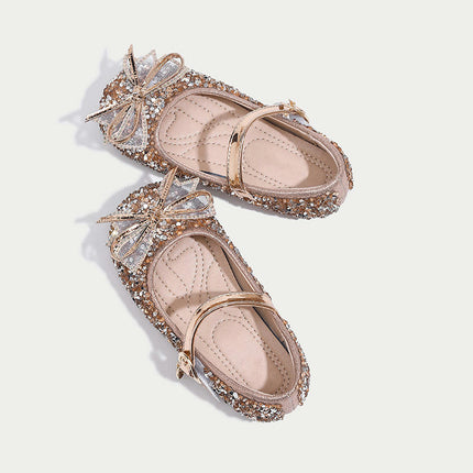 Girls Fashion Bow Crystal Faux Leather Shoes Princess Performance Shoes