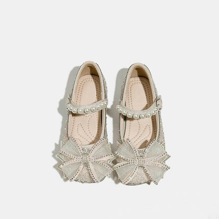 Girls Rhinestones Sequins Closed Toe Crystal Princess Shoes Bow Faux Leather Shoes