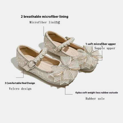 Girls Rhinestones Sequins Closed Toe Crystal Princess Shoes Bow Faux Leather Shoes