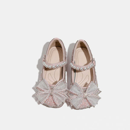 Girls Rhinestones Sequins Closed Toe Crystal Princess Shoes Bow Faux Leather Shoes