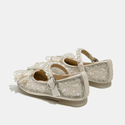 Girls Rhinestones Sequins Closed Toe Crystal Princess Shoes Bow Faux Leather Shoes