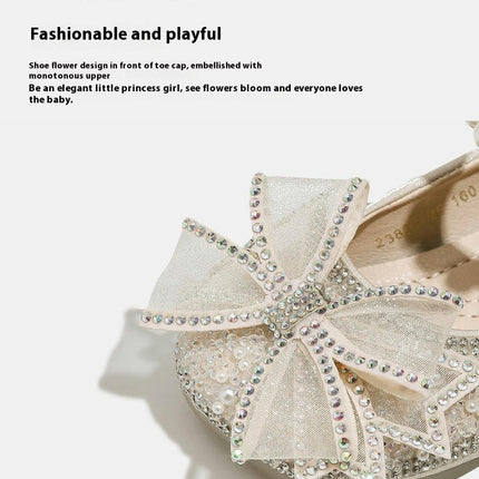 Girls Rhinestones Sequins Closed Toe Crystal Princess Shoes Bow Faux Leather Shoes