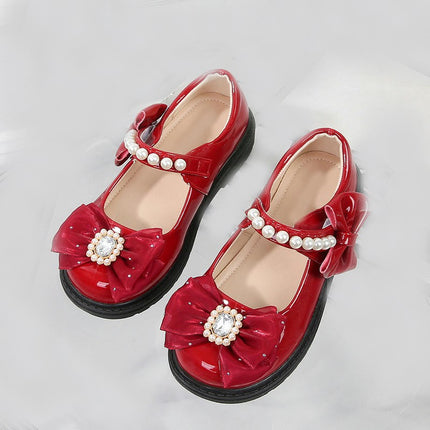 Girls Faux Leather Shoes Flats Mary Jane Bows Flower Girl Wedding Party Shoes