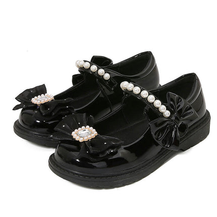 Girls Faux Leather Shoes Flats Mary Jane Bows Flower Girl Wedding Party Shoes