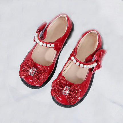 Girls School Uniform Shoes Flower Girl Faux Leather Shoes Pearls Bow Party Shoes