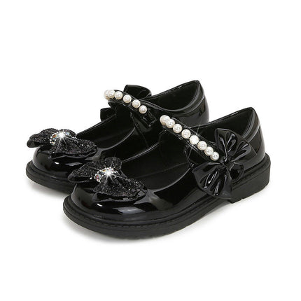 Girls School Uniform Shoes Flower Girl Faux Leather Shoes Pearls Bow Party Shoes