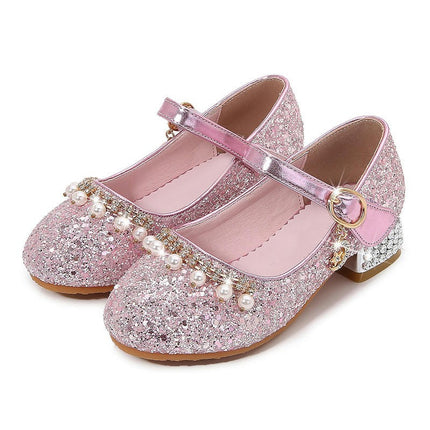 Girls Faux Leather High Heels Crystal Shoes Performance Princess Shoes