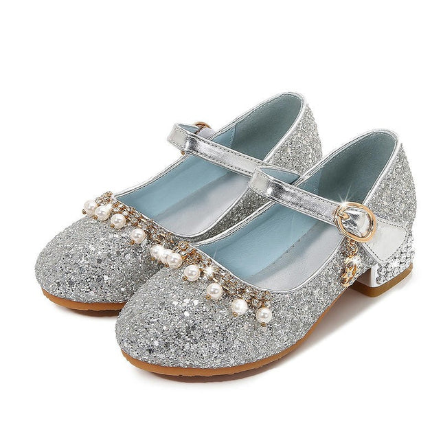 Girls Faux Leather High Heels Crystal Shoes Performance Princess Shoes