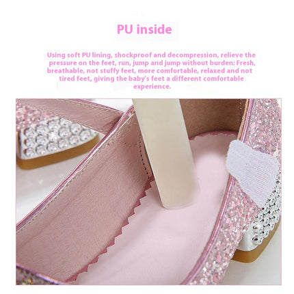 Girls Faux Leather High Heels Crystal Shoes Performance Princess Shoes