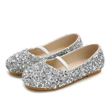 Little Girls Sequined Crystal Shoes Low Heel Princess Glitter Faux Leather Shoes