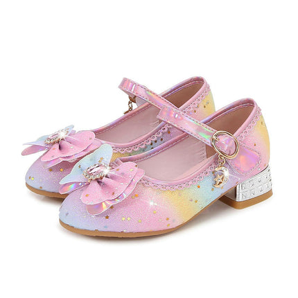 Girls Faux Leather Shoes with Diamond Shiny Princess Shoes Bow High Heels Princess