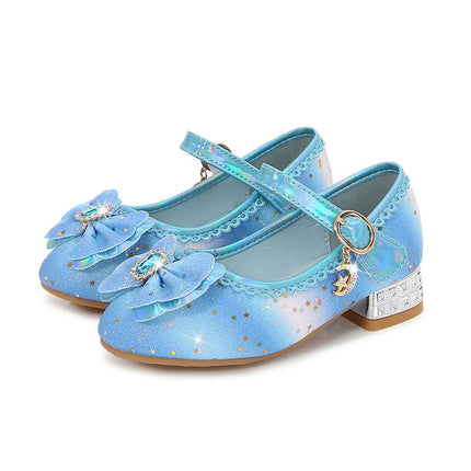 Girls Faux Leather Shoes with Diamond Shiny Princess Shoes Bow High Heels Princess
