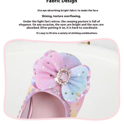 Girls Faux Leather Shoes with Diamond Shiny Princess Shoes Bow High Heels Princess