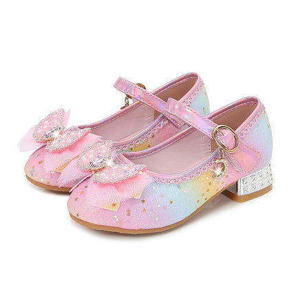Little Girls with Sequins Shiny Faux Leather Princess Shoes Bow High Heels Show Shoes