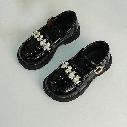 Rhinestones Girls Flat Dress Faux Leather Shoes for Wedding Party