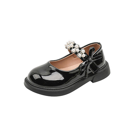 Girls Faux Leather Shoes Flat with Rhinestone Strap for Party Wedding School
