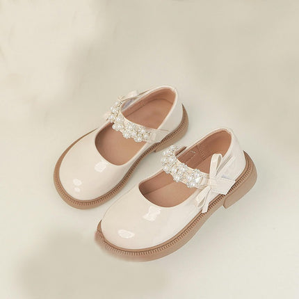 Girls Faux Leather Shoes Flat with Rhinestone Strap for Party Wedding School
