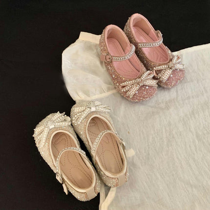 Girls Flat Soled Dress Shoes Rhinestone Bows Low Heel Faux Leather Princess Shoes