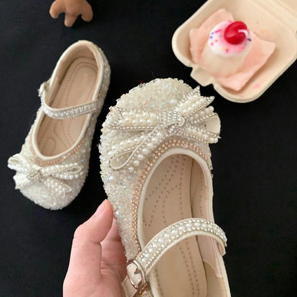 Girls Flat Soled Dress Shoes Rhinestone Bows Low Heel Faux Leather Princess Shoes