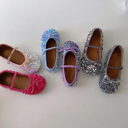 Girls Shoes Princess Crystal Kids Sequin Bow Dancing Faux Leather Shoes