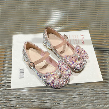Girls Rhinestones Sequins Closed Toe Crystal Bow Faux Leather Princess Shoes