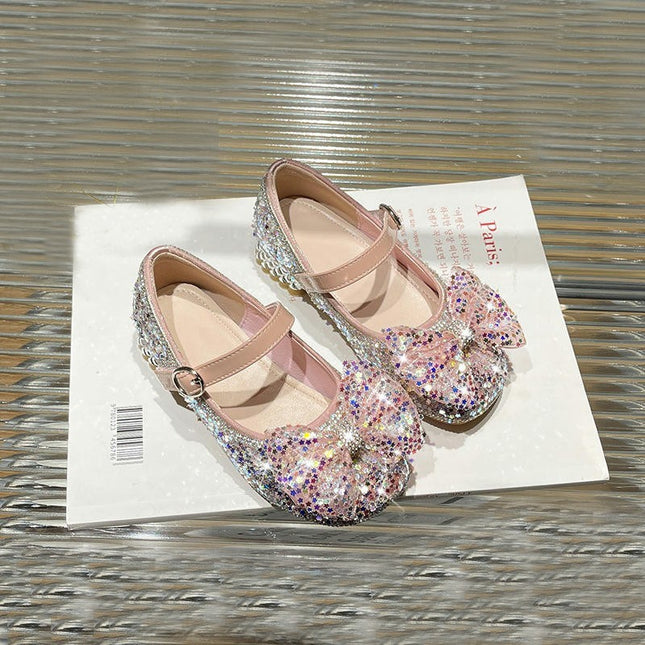 Girls Rhinestones Sequins Closed Toe Crystal Bow Faux Leather Princess Shoes