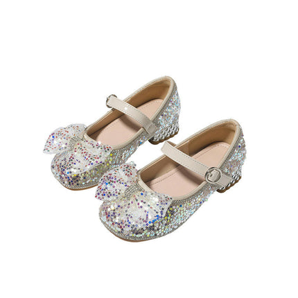 Girls Rhinestones Sequins Closed Toe Crystal Bow Faux Leather Princess Shoes