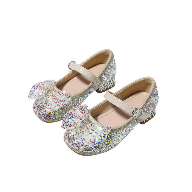 Girls Rhinestones Sequins Closed Toe Crystal Bow Faux Leather Princess Shoes