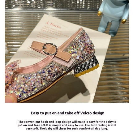 Girls Rhinestones Sequins Closed Toe Crystal Bow Faux Leather Princess Shoes
