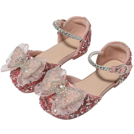 Bow Girls Faux Leather Princess Shoes Soft Bottoming Low Heels Children Crystal Shoes