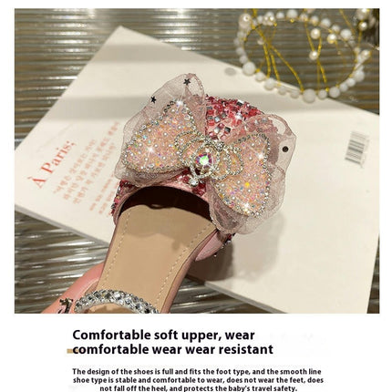 Bow Girls Faux Leather Princess Shoes Soft Bottoming Low Heels Children Crystal Shoes
