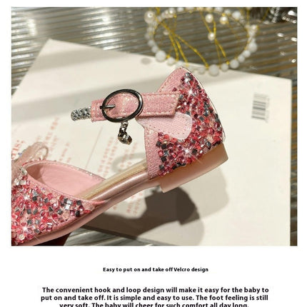 Bow Girls Faux Leather Princess Shoes Soft Bottoming Low Heels Children Crystal Shoes
