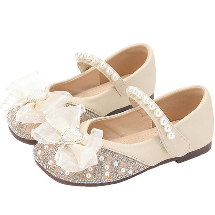 Flower Girl Faux Leather Shoes Pearls Bow Flats Wedding Party Princess Shoes