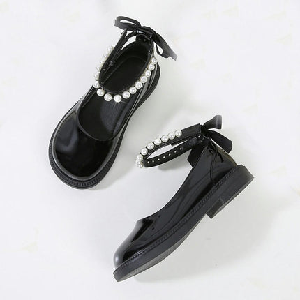 Girls Pearl Faux Leather Shoes Flower Girls Dress Shoes Ankle Strap Flats
