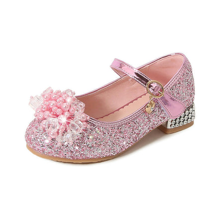 Girls Glitter Flower Wedding Party Faux Leather Shoes Pump Heel Princess Shoes