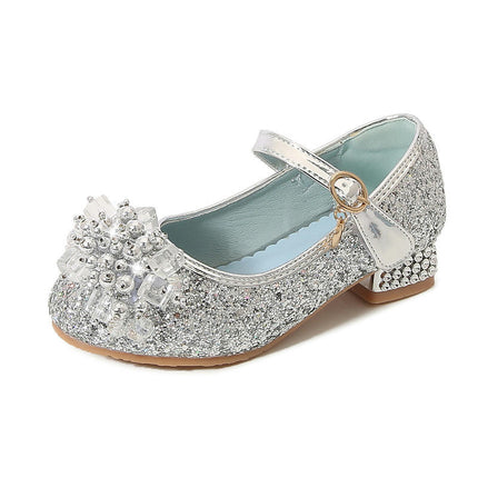 Girls Glitter Flower Wedding Party Faux Leather Shoes Pump Heel Princess Shoes