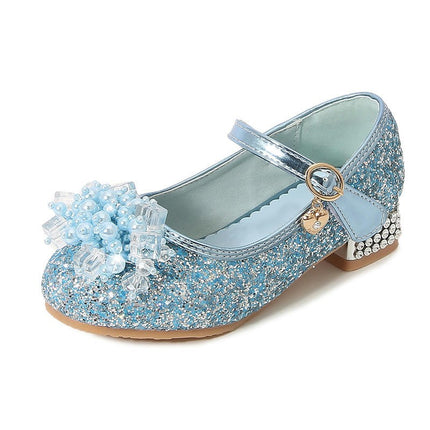 Girls Glitter Flower Wedding Party Faux Leather Shoes Pump Heel Princess Shoes