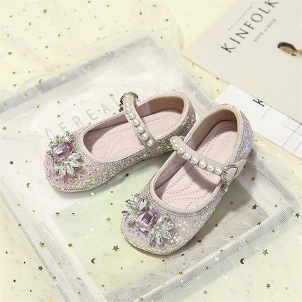Cute Pearl Rhinestone Bow Faux Leather Shoes Girls Dancing Princess Shoes