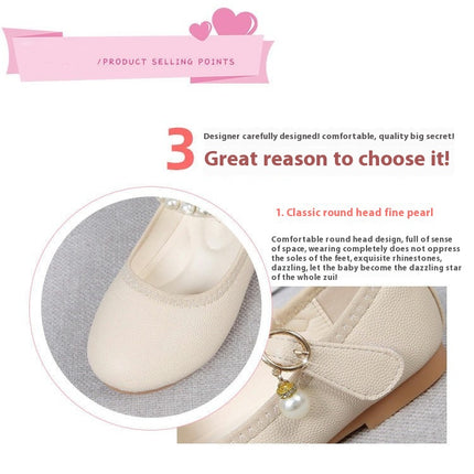 Girls Faux Leather Princess Shoes Pearl Flat Soled Dress Wedding Party Shoes