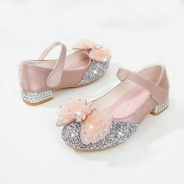 Girls Bow Glitter Dress Shoes High Heel Princess Flats Faux Leather Shoes