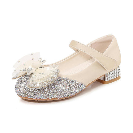 Girls Bow Glitter Dress Shoes High Heel Princess Flats Faux Leather Shoes