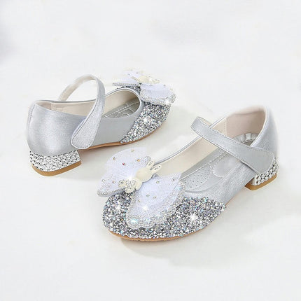 Girls Bow Glitter Dress Shoes High Heel Princess Flats Faux Leather Shoes