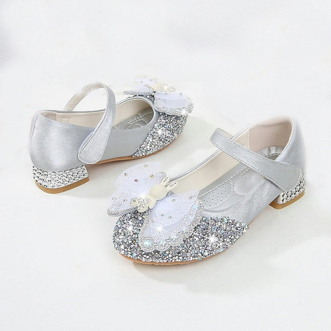 Girls Bow Glitter Dress Shoes High Heel Princess Flats Faux Leather Shoes