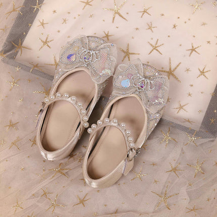 Girls Princess Performance Shoes Pearl Sequin Ribbon Bow Faux Leather Shoes