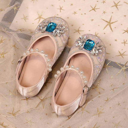 Girls Princess Performance Shoes Pearl Sequin Ribbon Bow Faux Leather Shoes