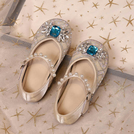 Girls Princess Performance Shoes Pearl Sequin Ribbon Bow Faux Leather Shoes