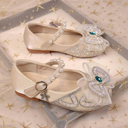 Girls Princess Performance Shoes Pearl Sequin Ribbon Bow Faux Leather Shoes