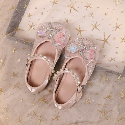 Girls Princess Performance Shoes Pearl Sequin Ribbon Bow Faux Leather Shoes
