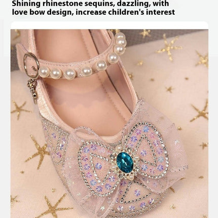 Girls Princess Performance Shoes Pearl Sequin Ribbon Bow Faux Leather Shoes